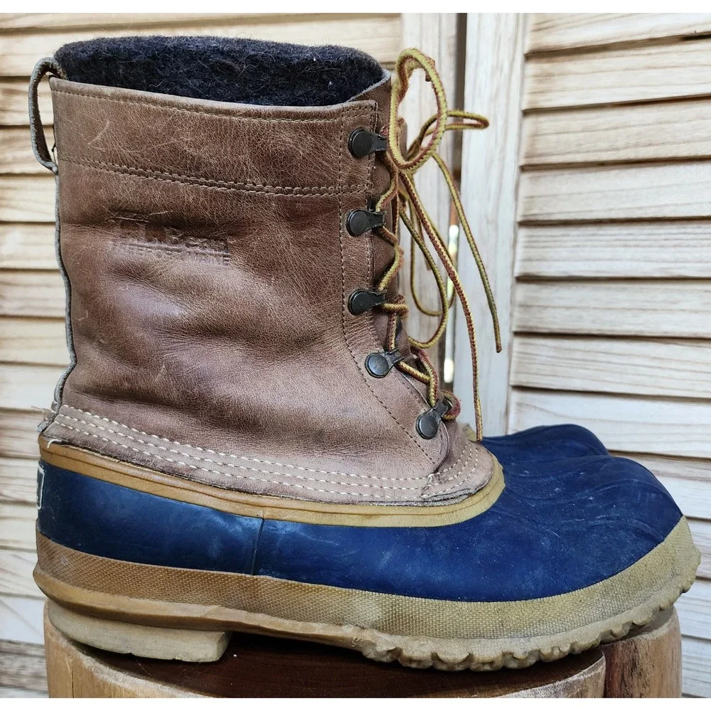 Vintage LL Bean US 9 Brown Wool Lined Leather Rubber Maine Hunting Duck Boots